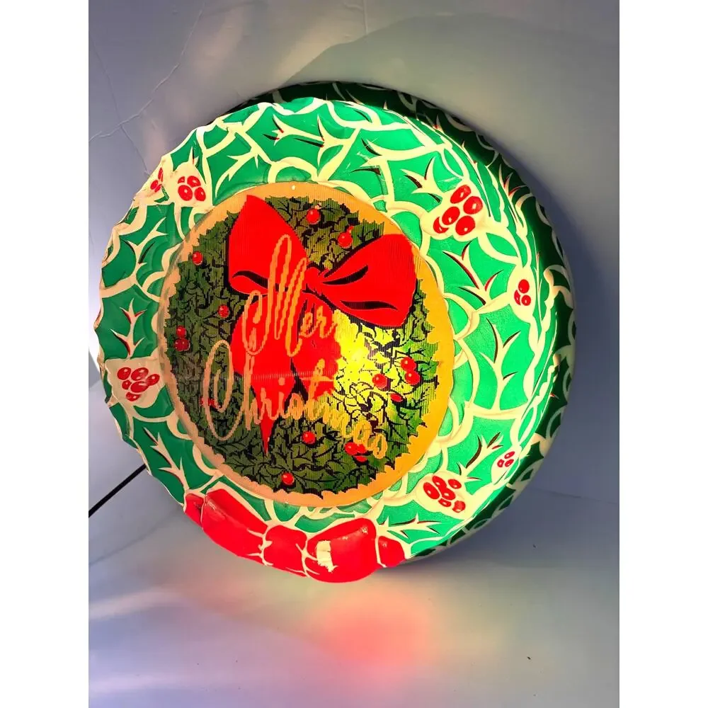 1950s Life-Lite Magic Motion Lenticular Merry Christmas Wreath Happy New Year